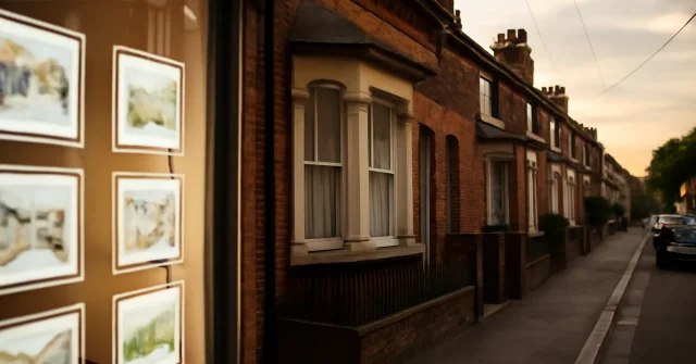 A terraced street at dusk