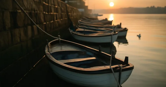 Boats moored at a harbour wall at sunset