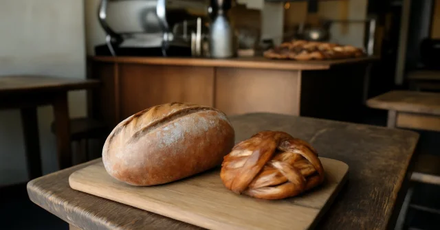 Two loaves of sourdough on a wooden board in a café