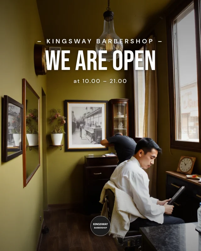 Kingsway Barbershop post: We are open: a barber at his station