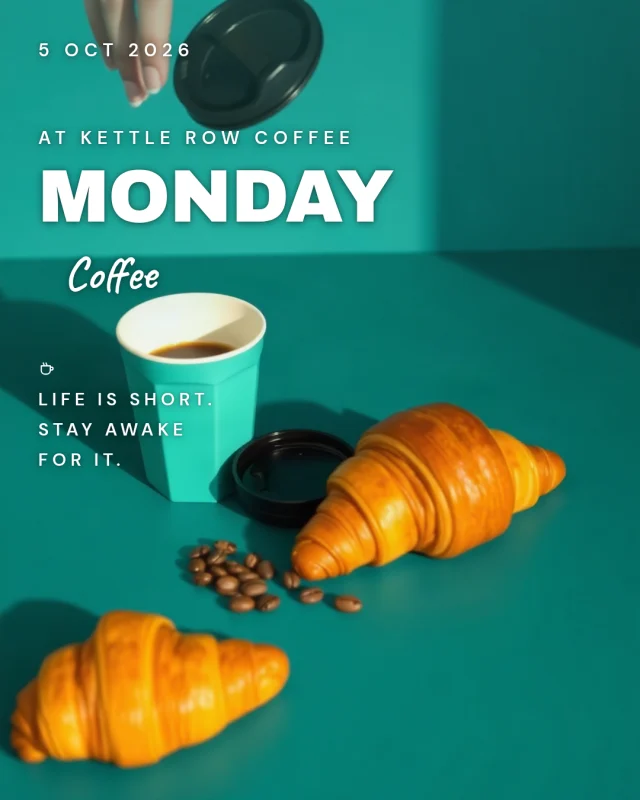 A Monday coffee post in teal with a cup and croissants, drawn in the café's brand