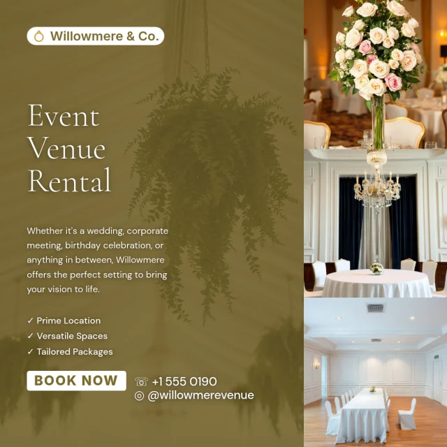 Willowmere & Co. post: Event venue rental: flowers, chandeliers and a long table