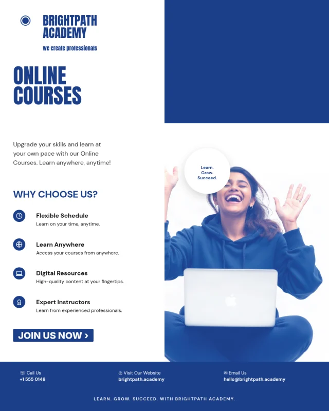 Brightpath Academy post: Online courses: a student celebrating at her laptop