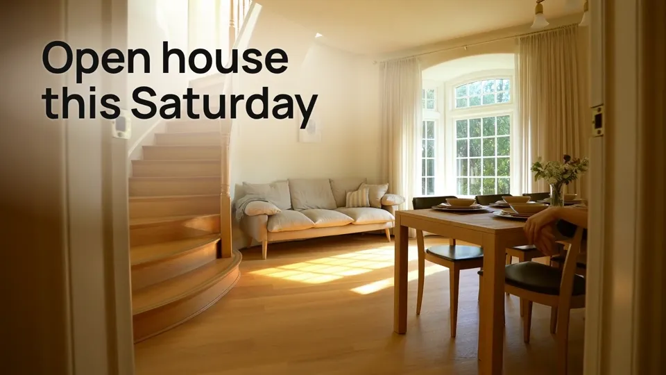 Wide 16:9 frame from an estate agency clip: Open house this Saturday