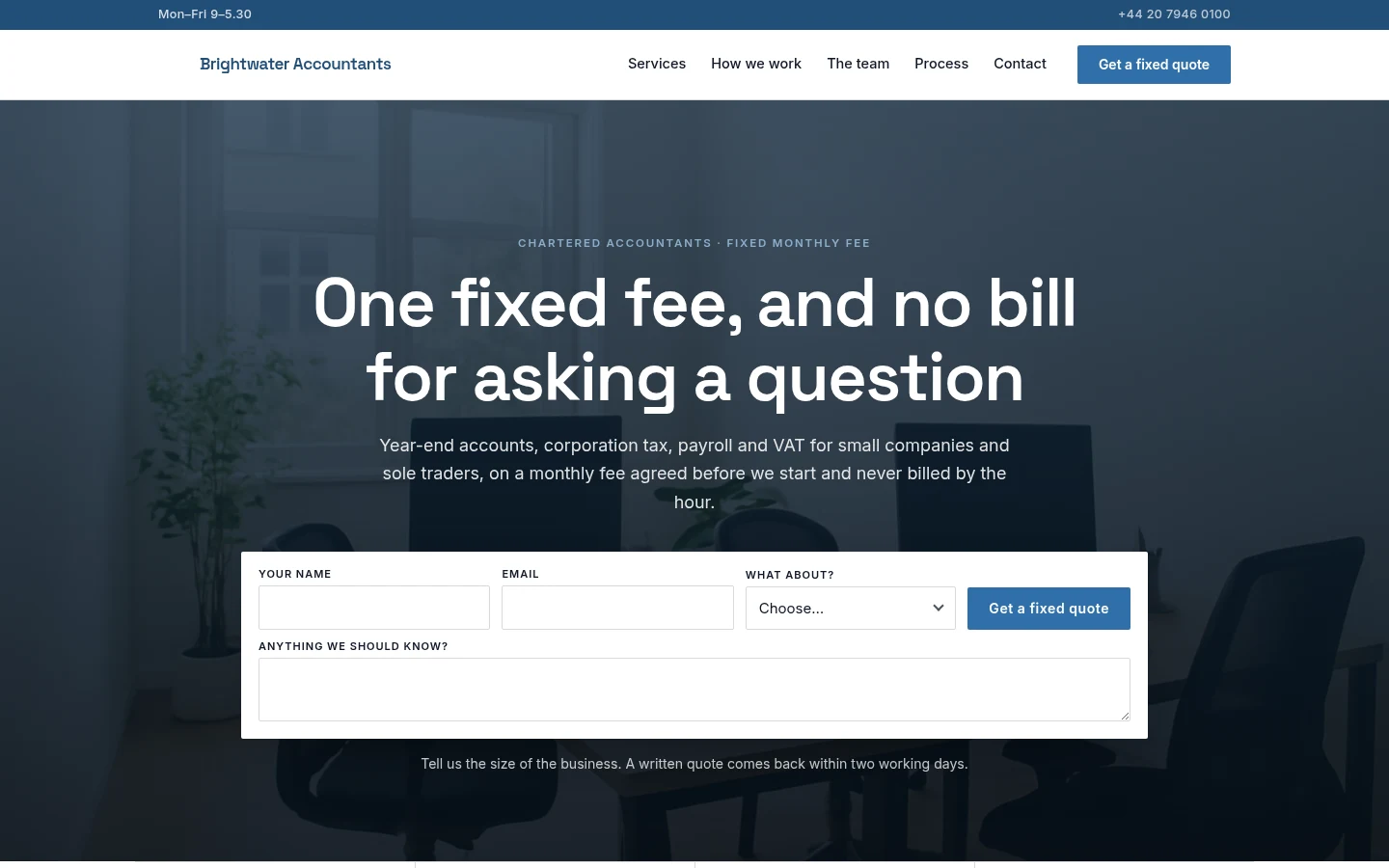 The Brightwater Accountants website, as a visitor sees it