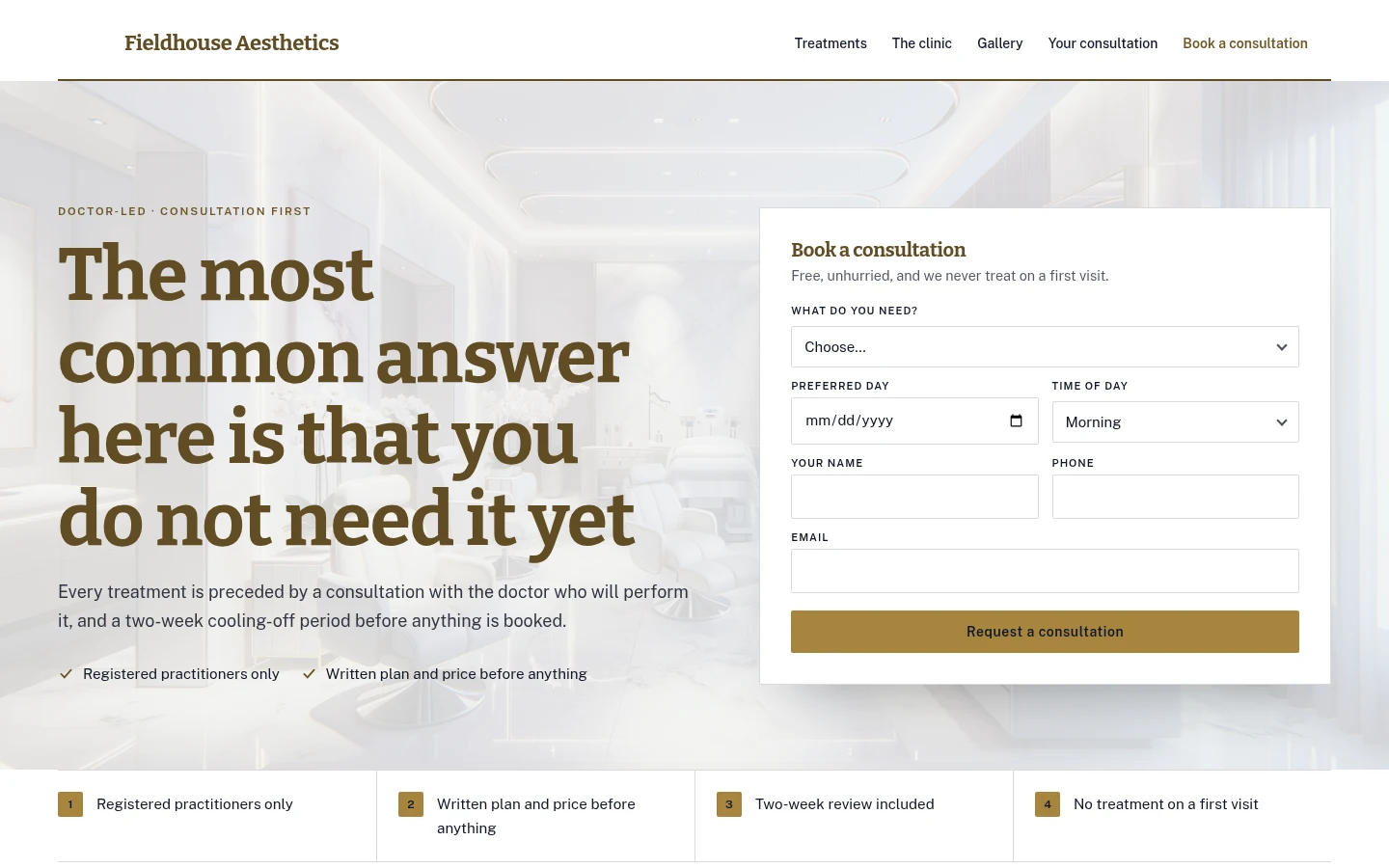 The Fieldhouse Aesthetics website, as a visitor sees it