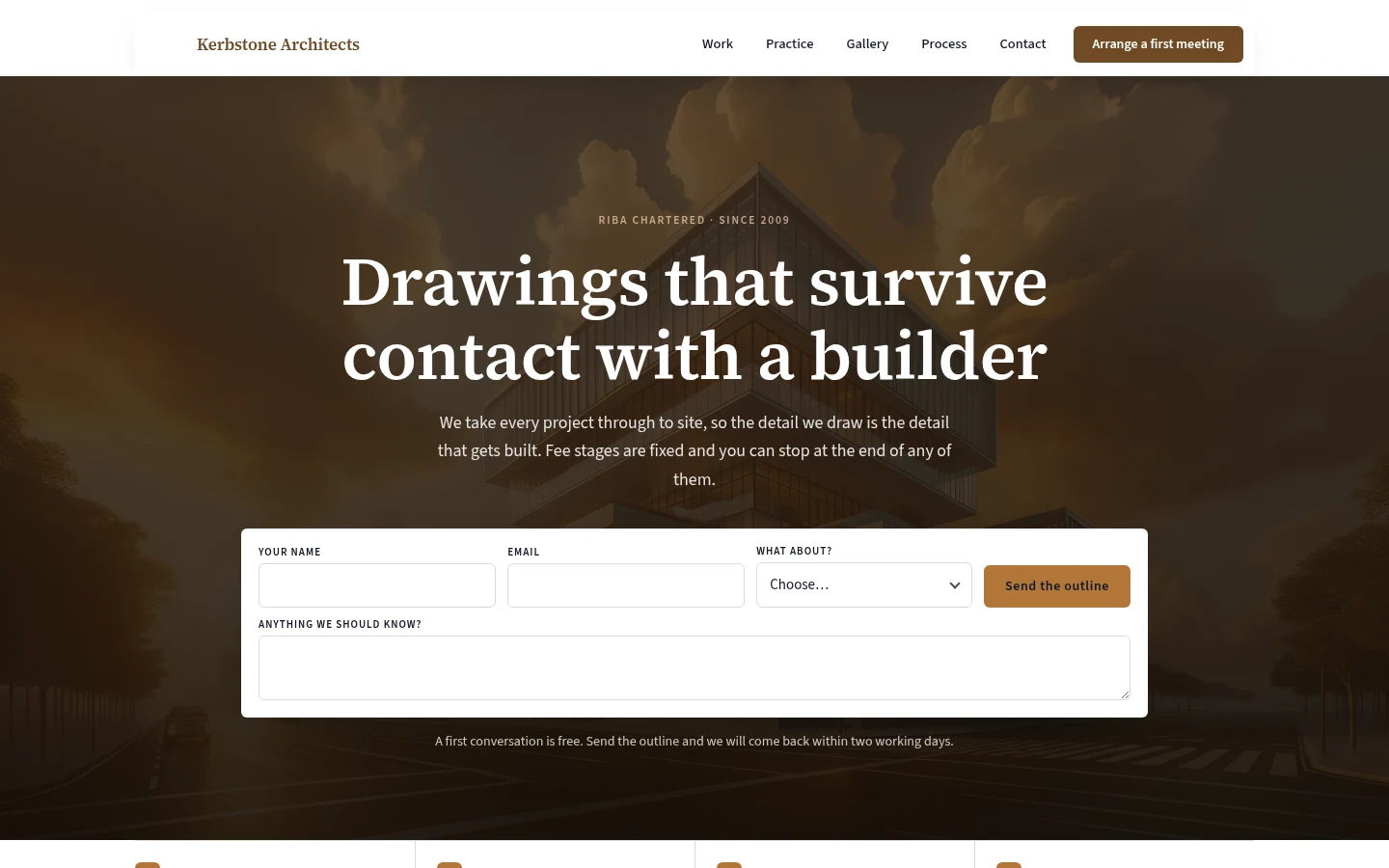The Kerbstone Architects website, as a visitor sees it