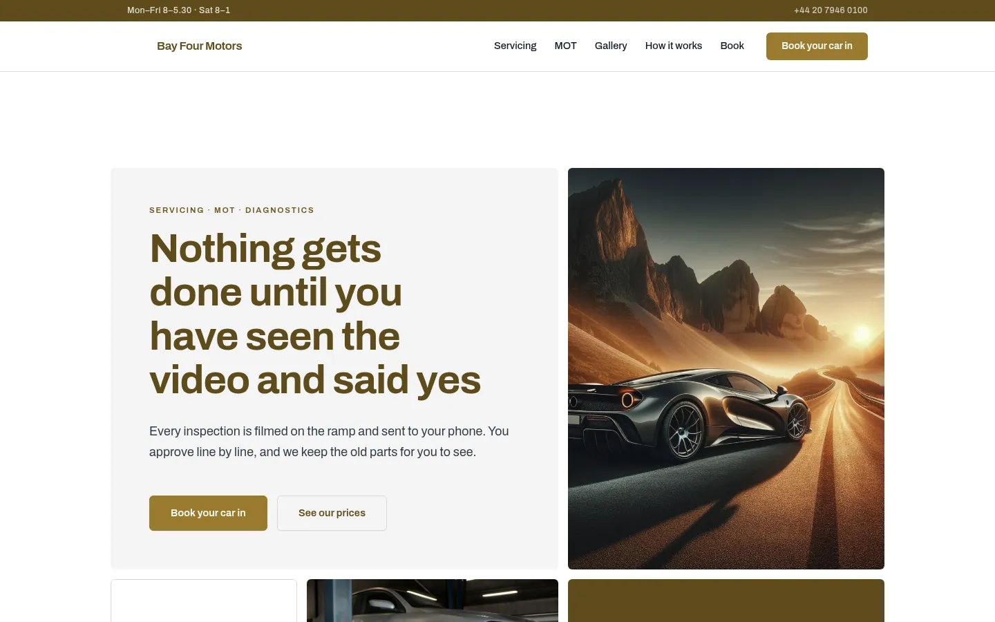 The Bay Four Motors website, as a visitor sees it