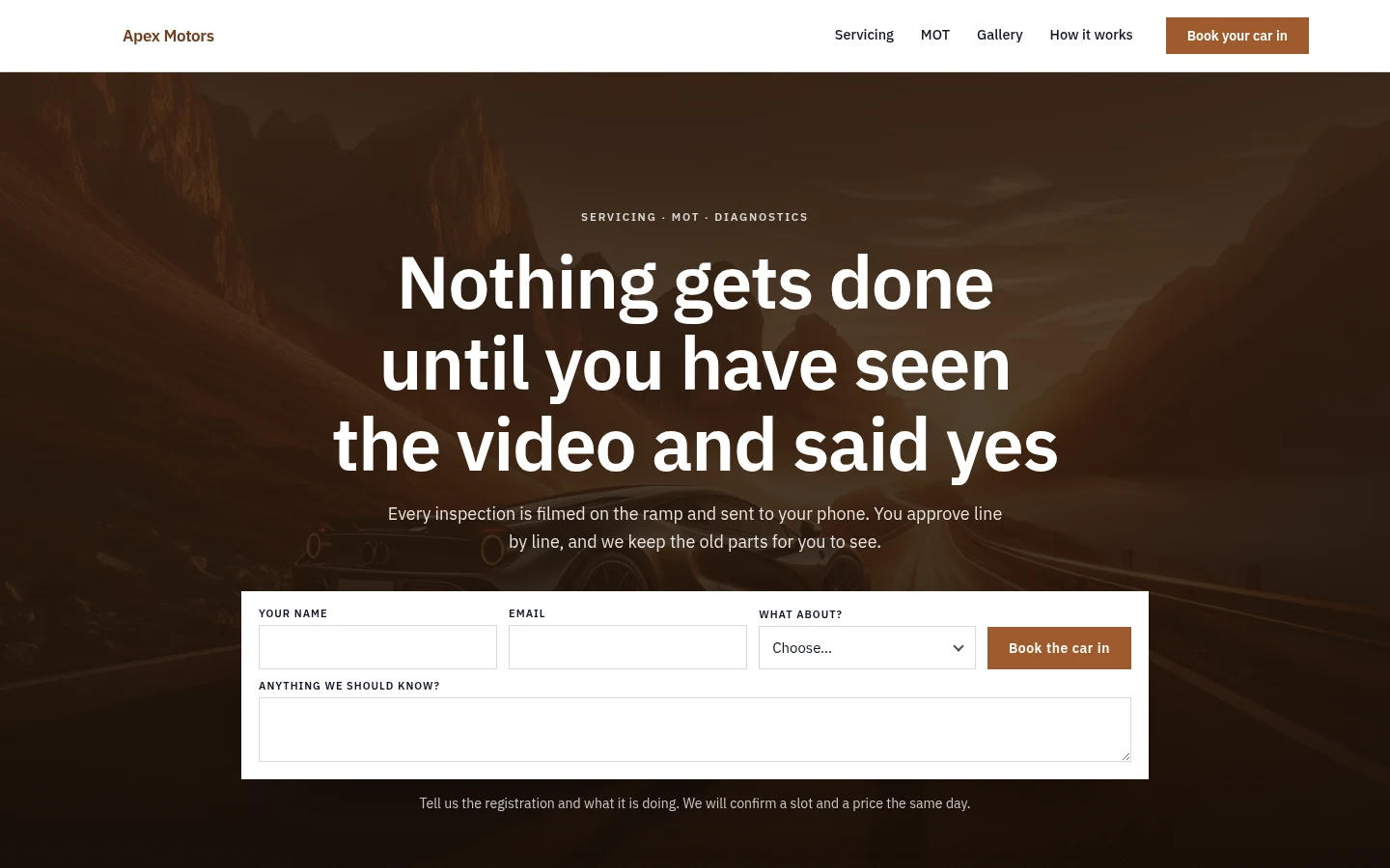 The Apex Motors website, as a visitor sees it