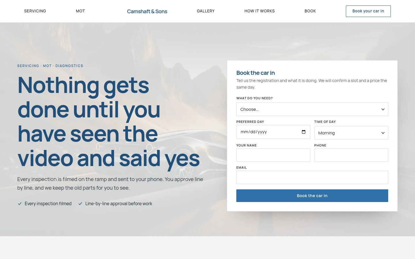 The Camshaft & Sons website, as a visitor sees it