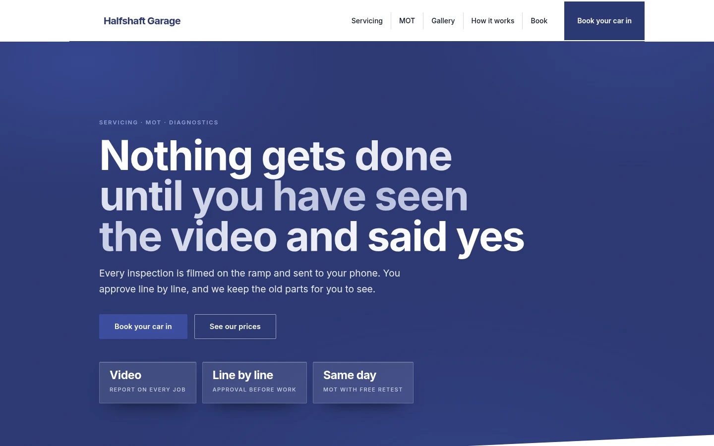 The Halfshaft Garage website, as a visitor sees it