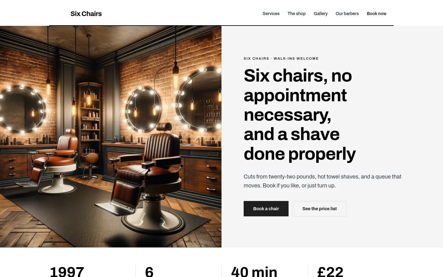 The Six Chairs website, as a visitor sees it
