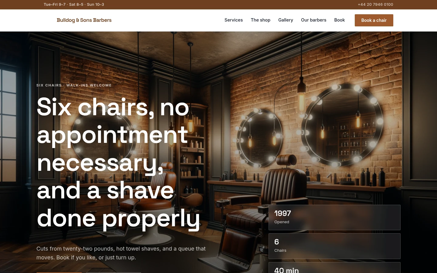 The Bulldog & Sons Barbers website, as a visitor sees it