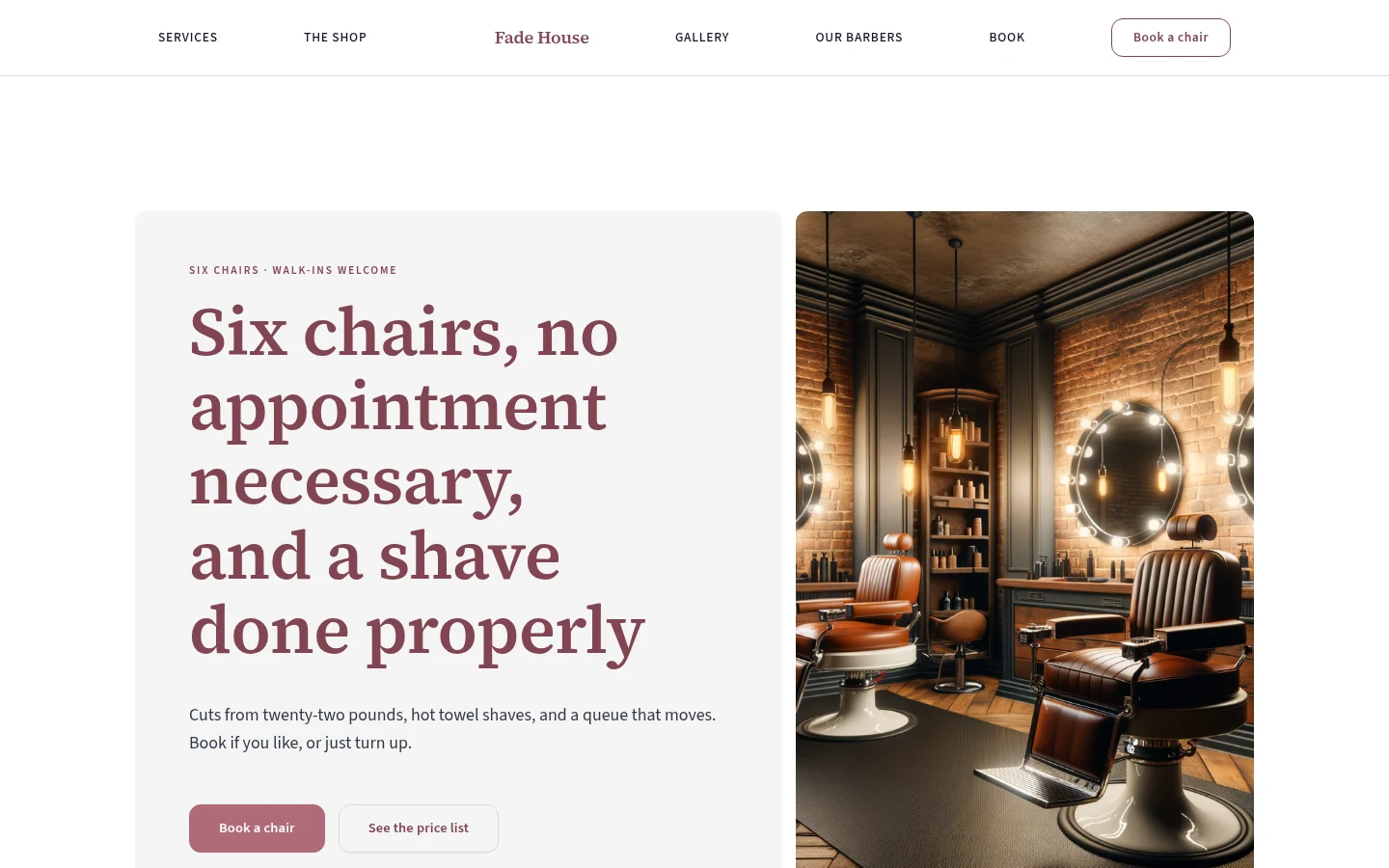 The Fade House website, as a visitor sees it