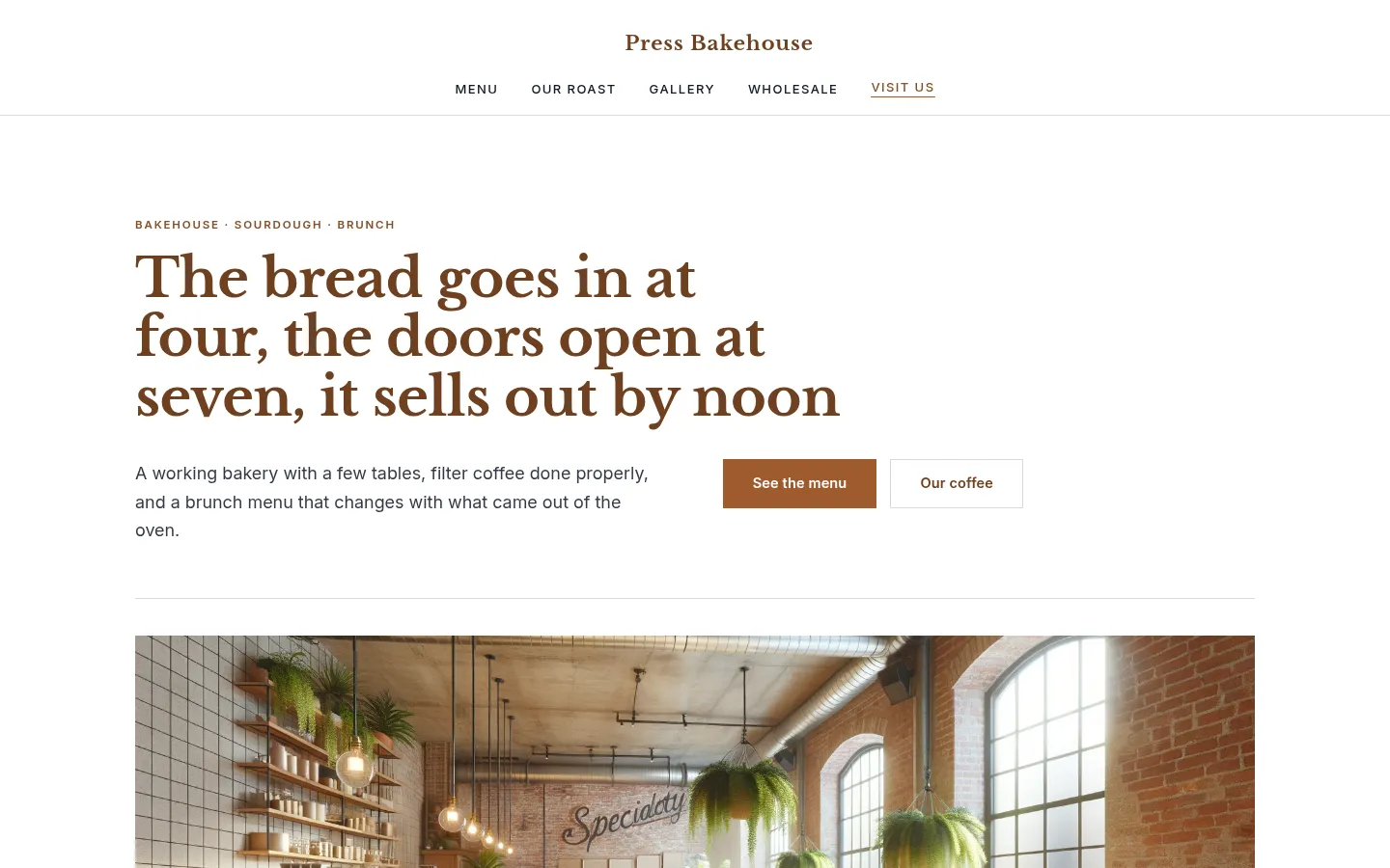The Press Bakehouse website, as a visitor sees it