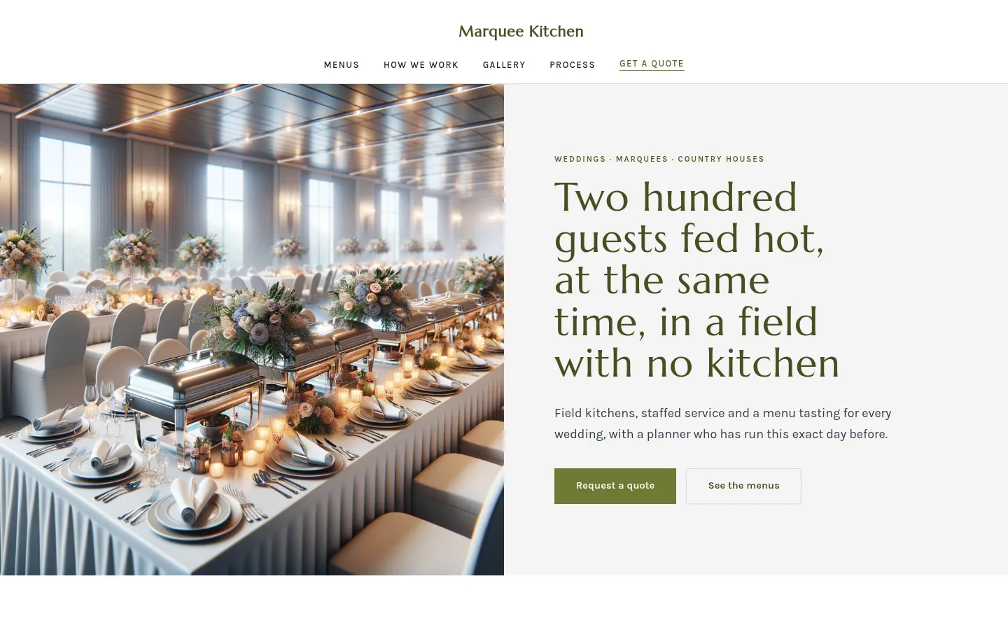 The Marquee Kitchen website, as a visitor sees it