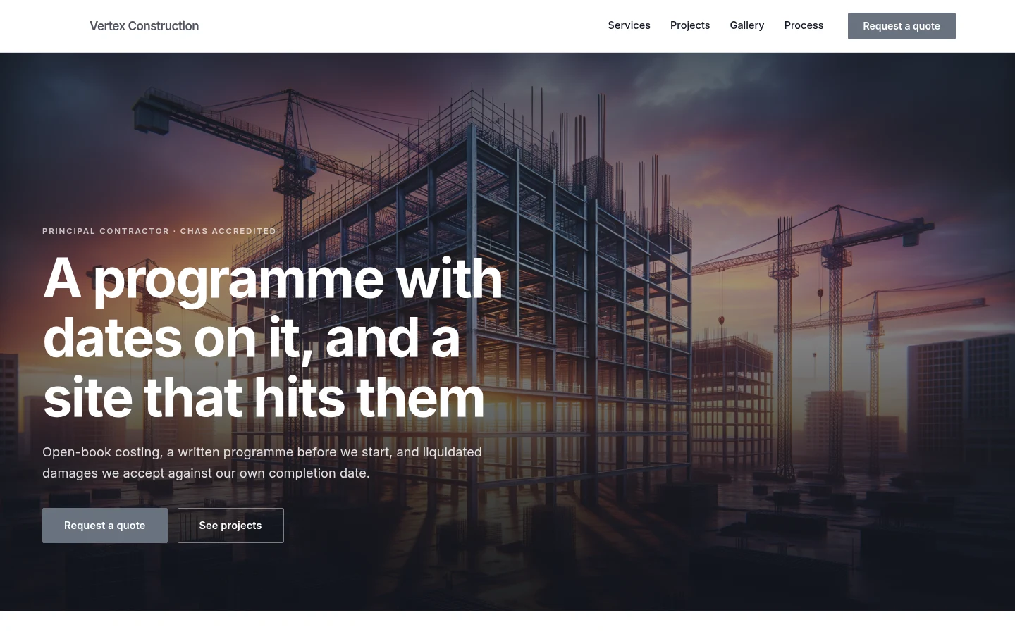 The Vertex Construction website, as a visitor sees it