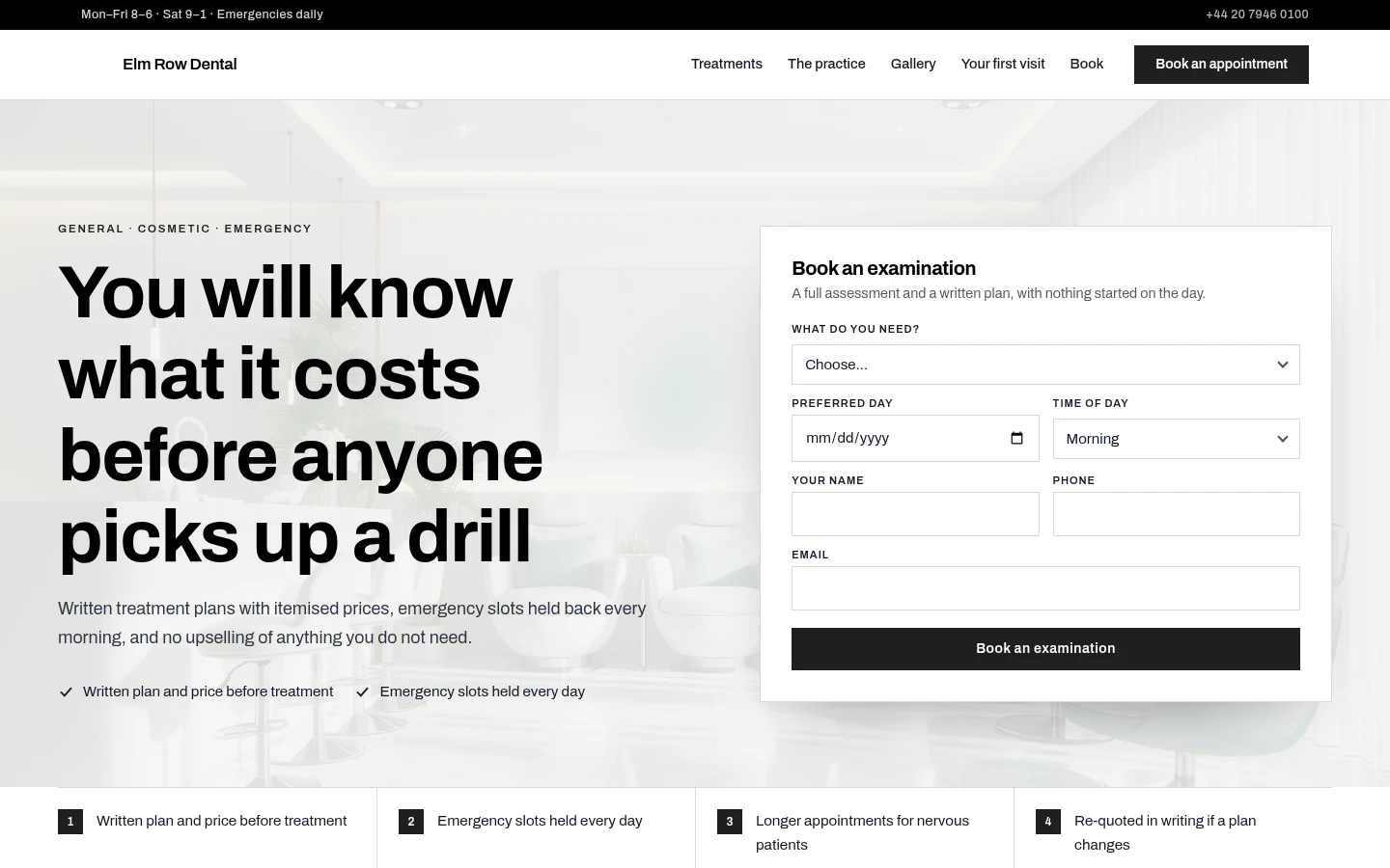 The Elm Row Dental website, as a visitor sees it