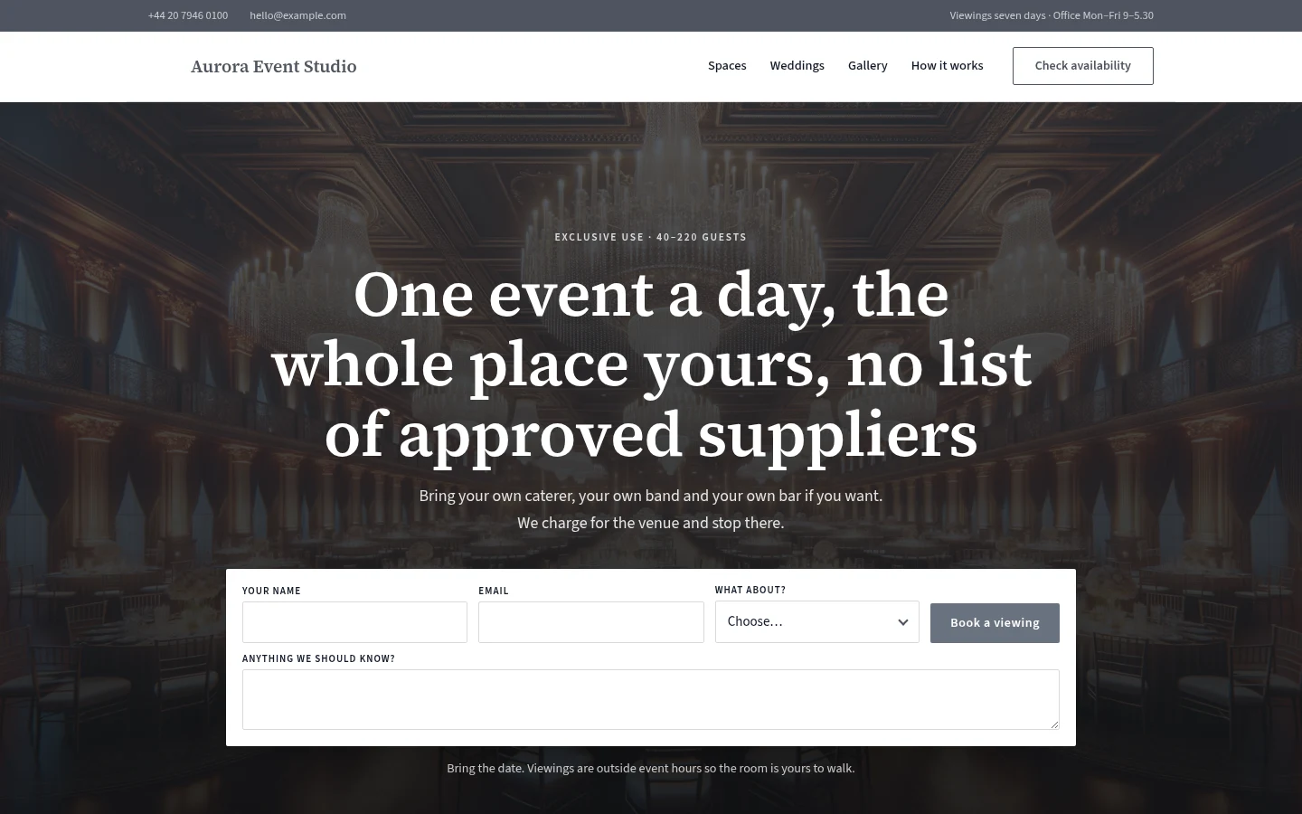 The Aurora Event Studio website, as a visitor sees it