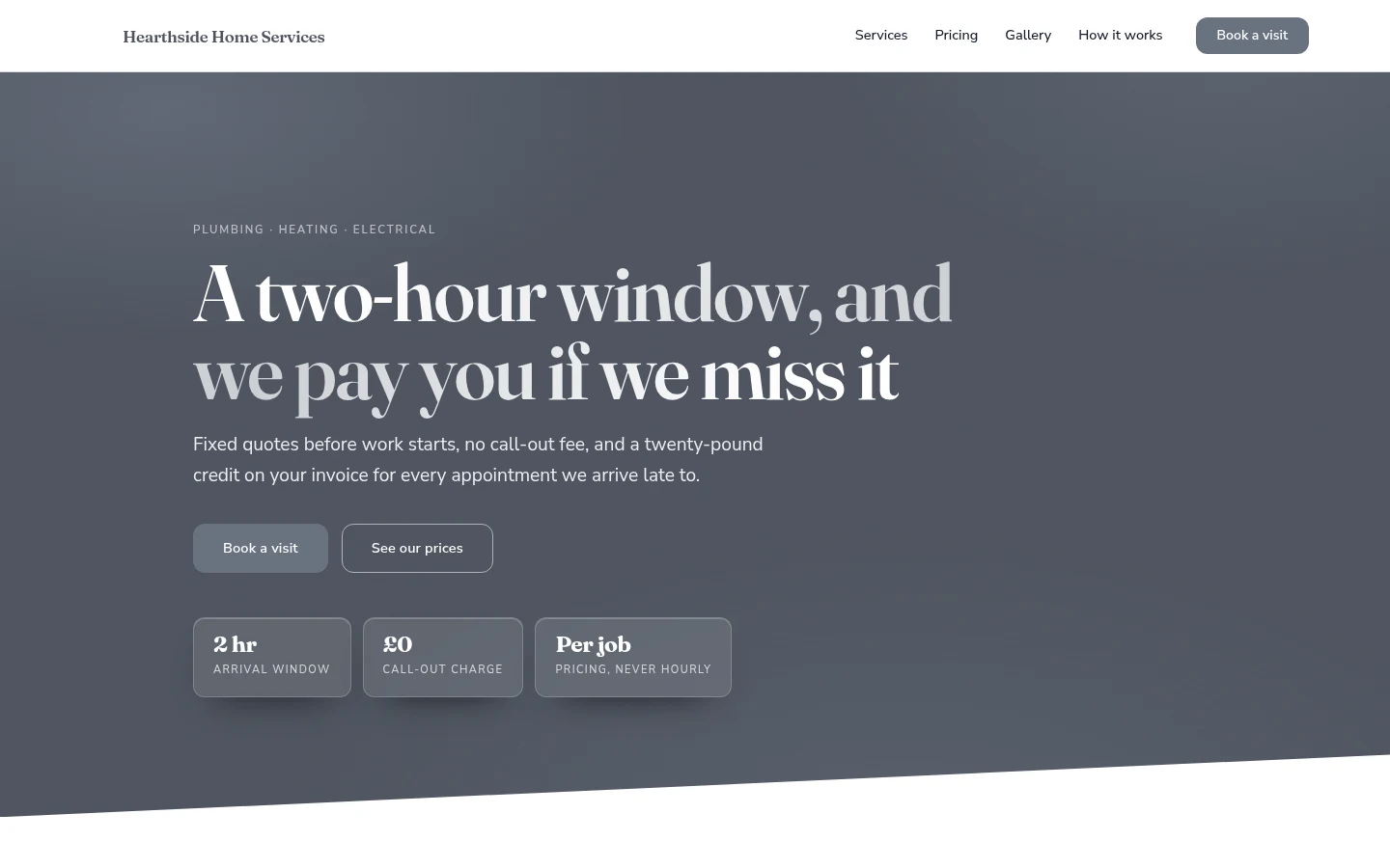 The Hearthside Home Services website, as a visitor sees it