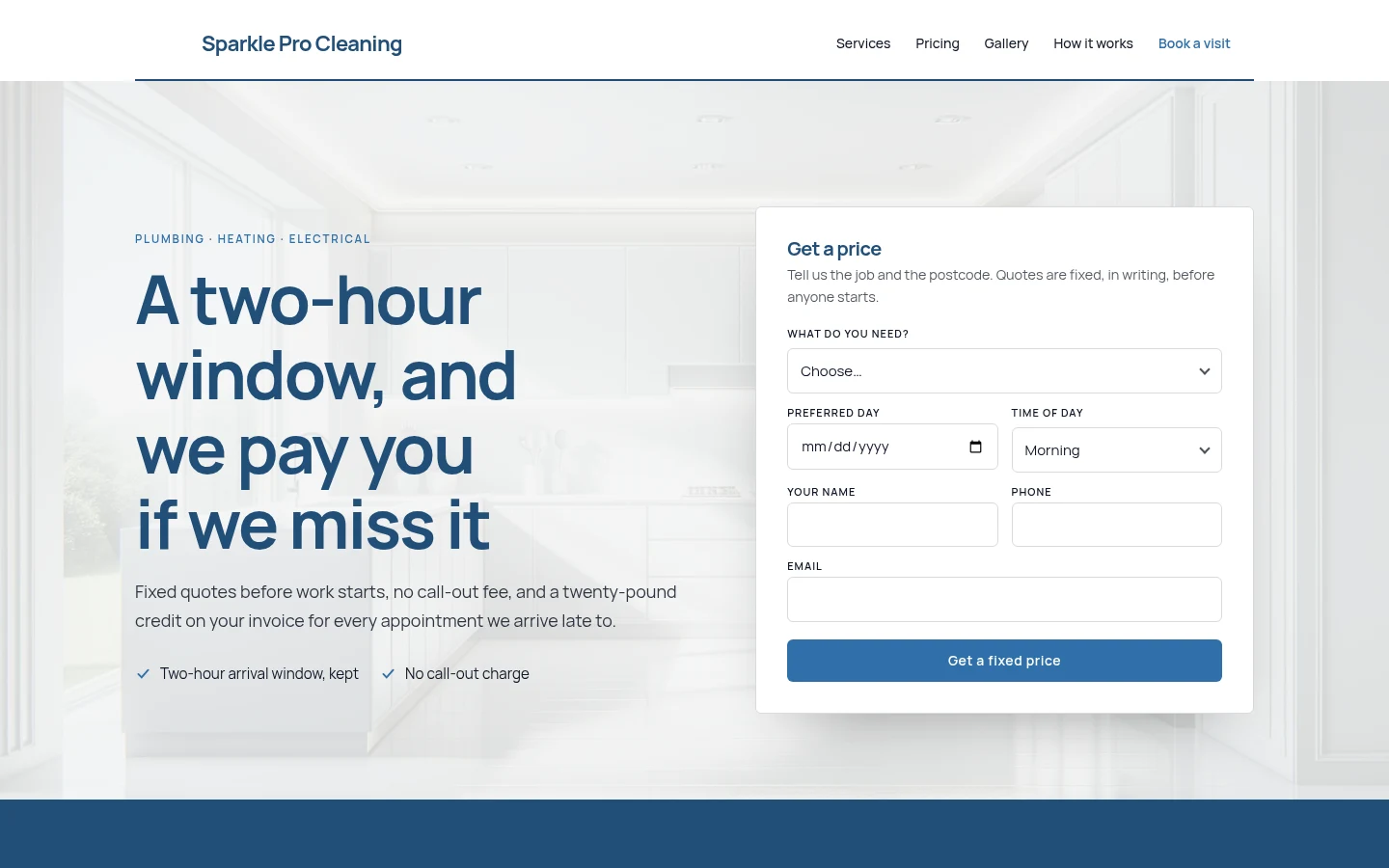 The Sparkle Pro Cleaning website, as a visitor sees it
