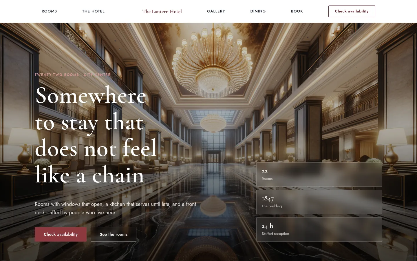 The The Lantern Hotel website, as a visitor sees it