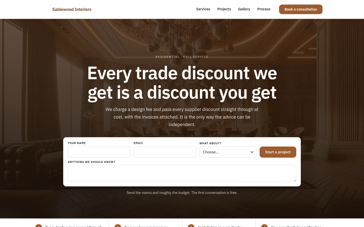 The Sablewood Interiors website, as a visitor sees it