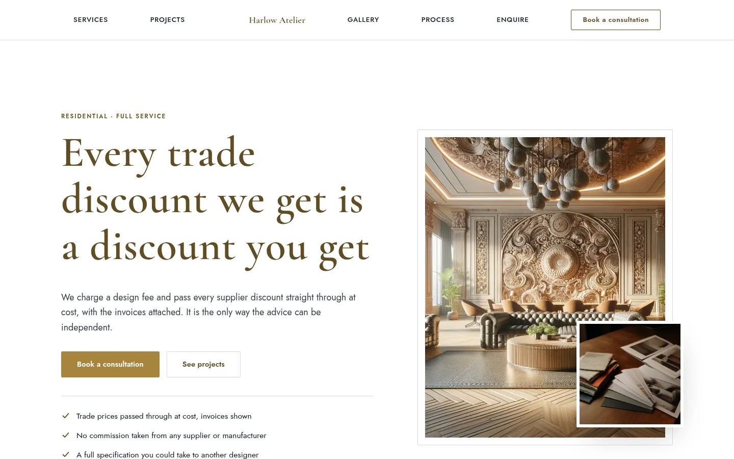 The Harlow Atelier website, as a visitor sees it