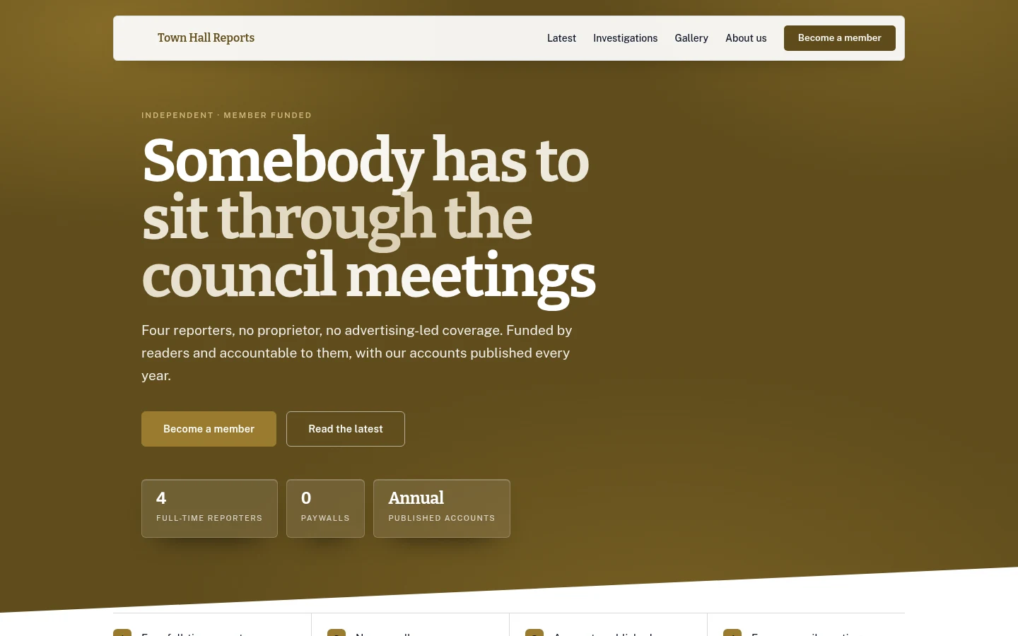 The Town Hall Reports website, as a visitor sees it