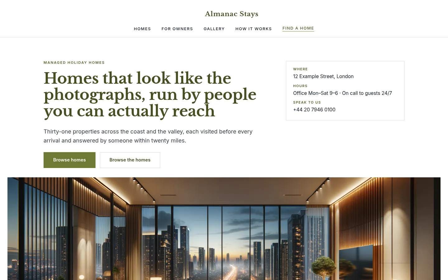 The Almanac Stays website, as a visitor sees it
