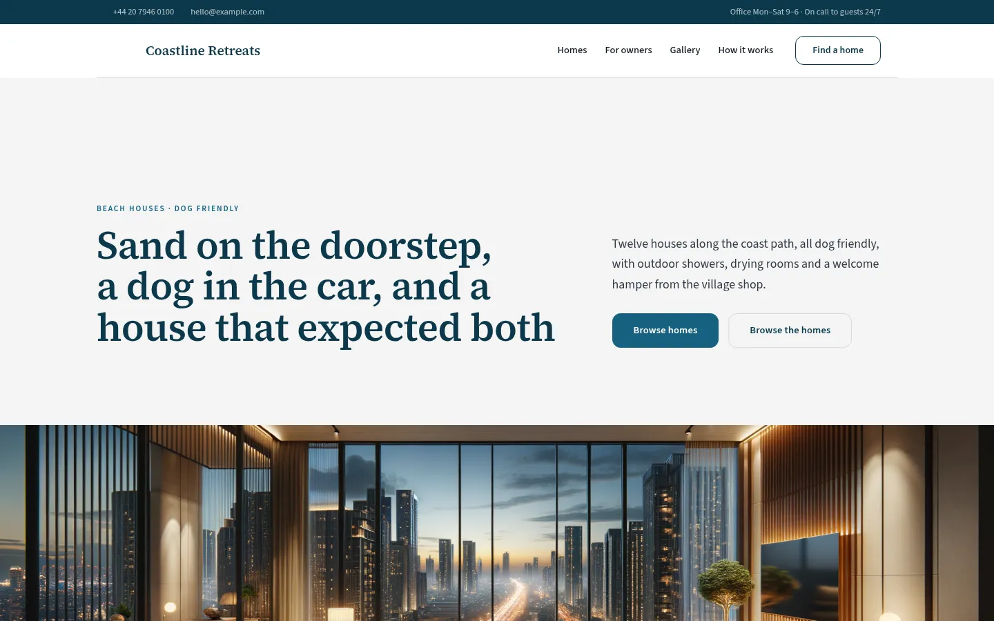 The Coastline Retreats website, as a visitor sees it
