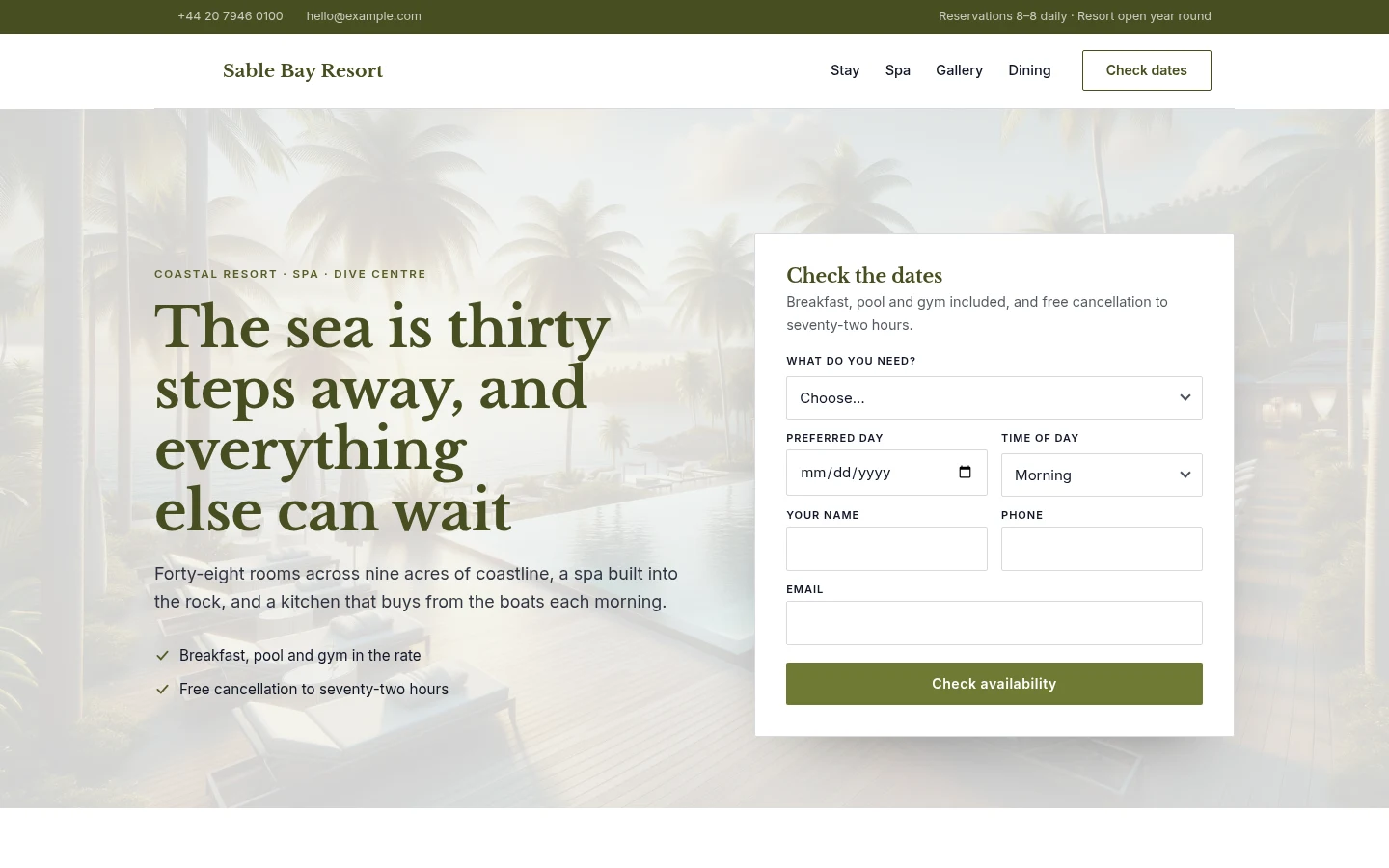 The Sable Bay Resort website, as a visitor sees it