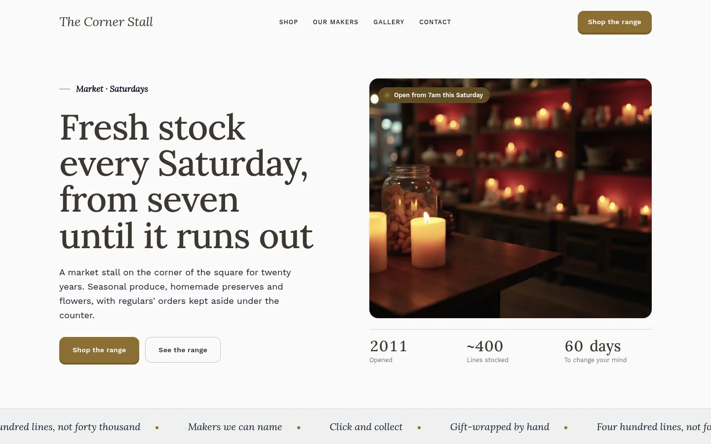 The The Corner Stall website, as a visitor sees it