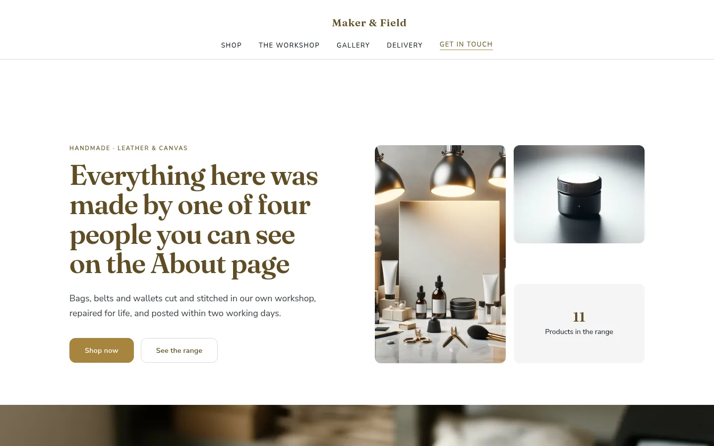 The Maker & Field website, as a visitor sees it