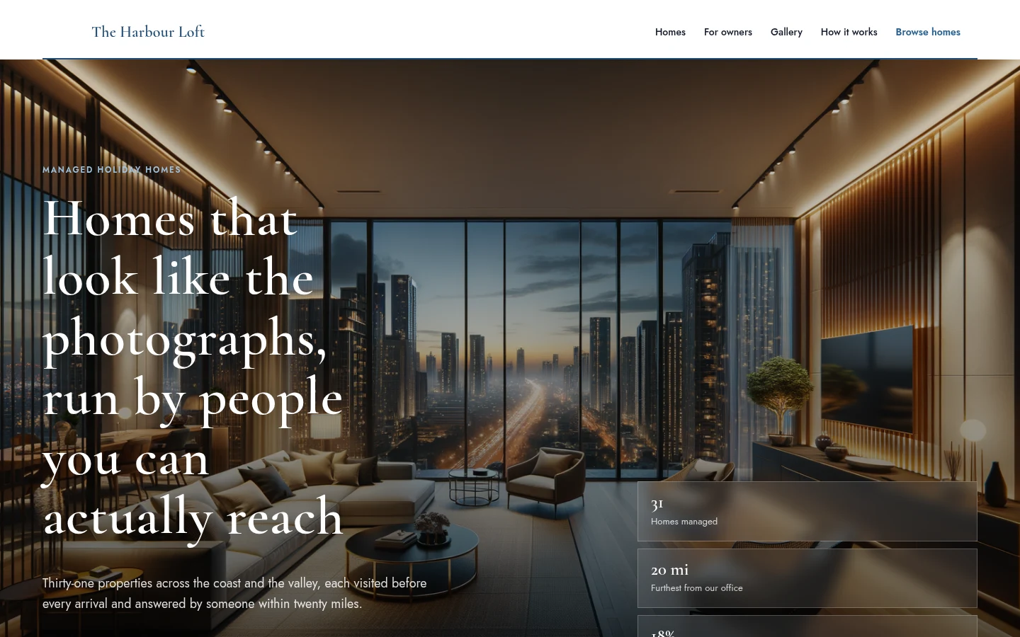 The The Harbour Loft website, as a visitor sees it
