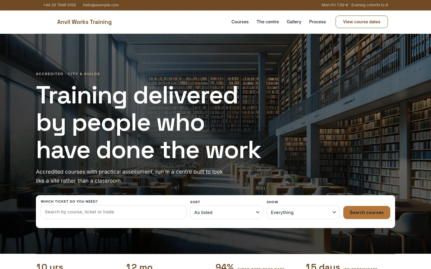 The Anvil Works Training website, as a visitor sees it