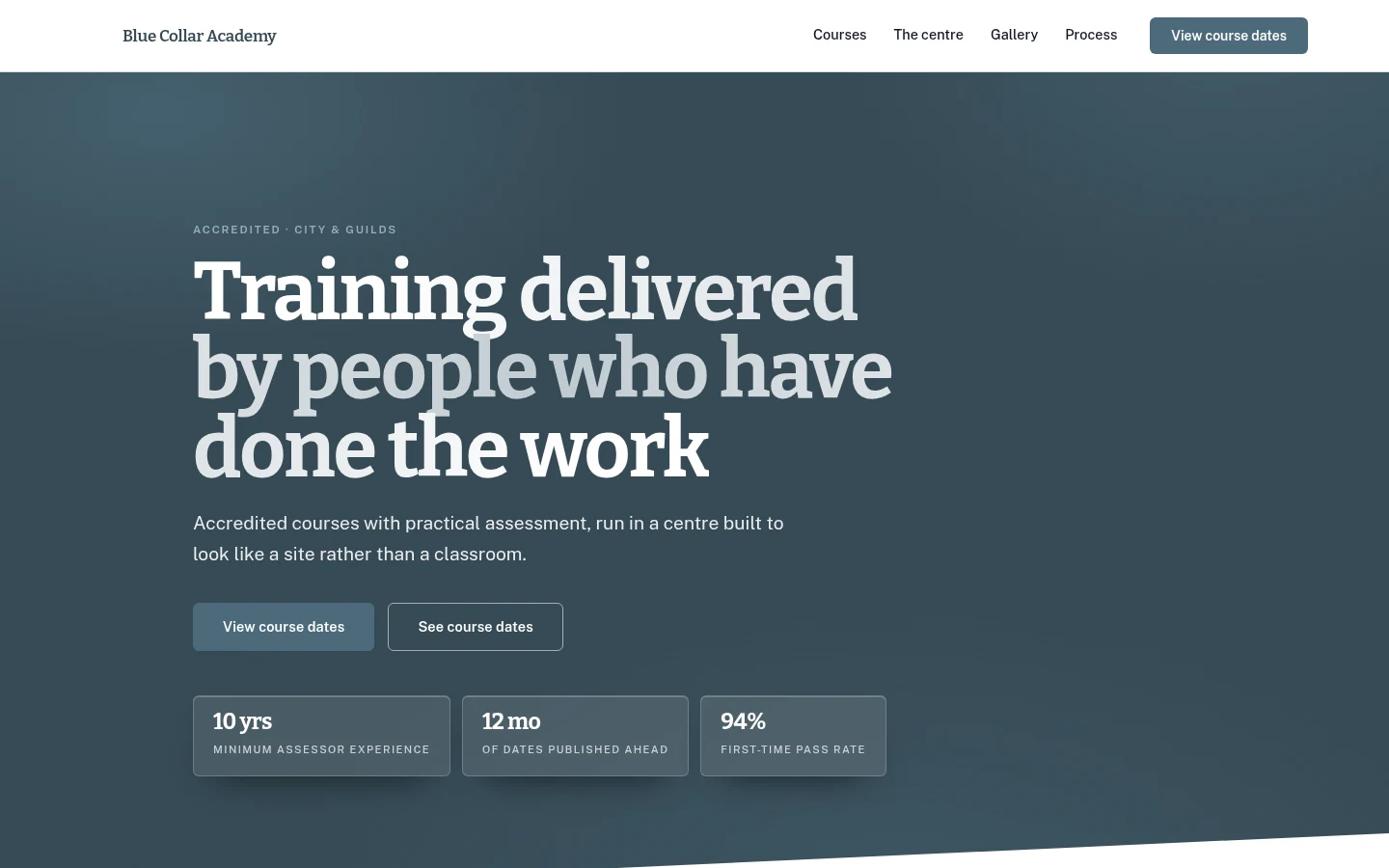 The Blue Collar Academy website, as a visitor sees it