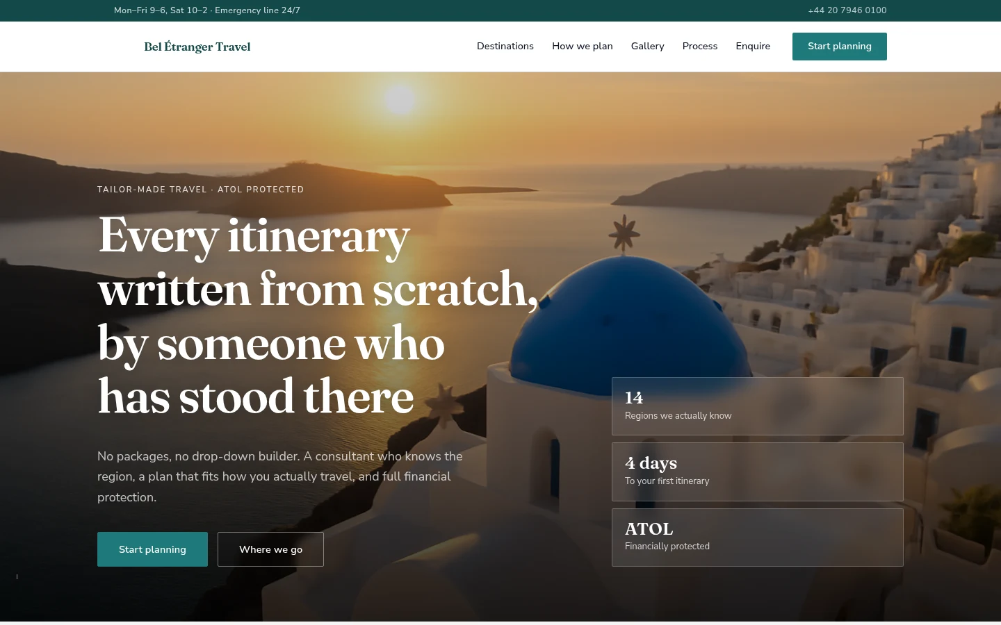 The Bel Étranger Travel website, as a visitor sees it