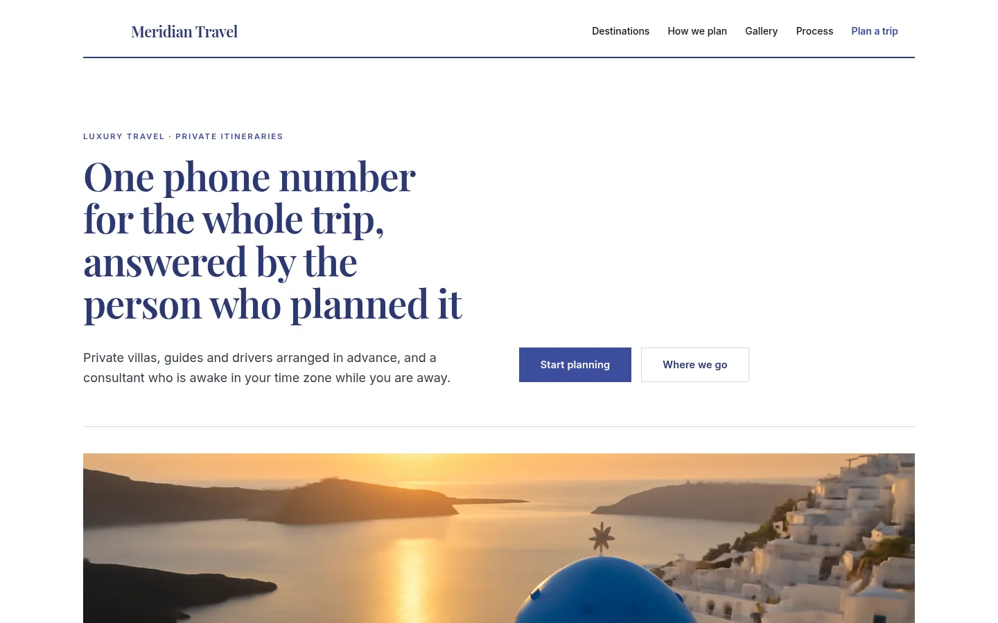The Meridian Travel website, as a visitor sees it