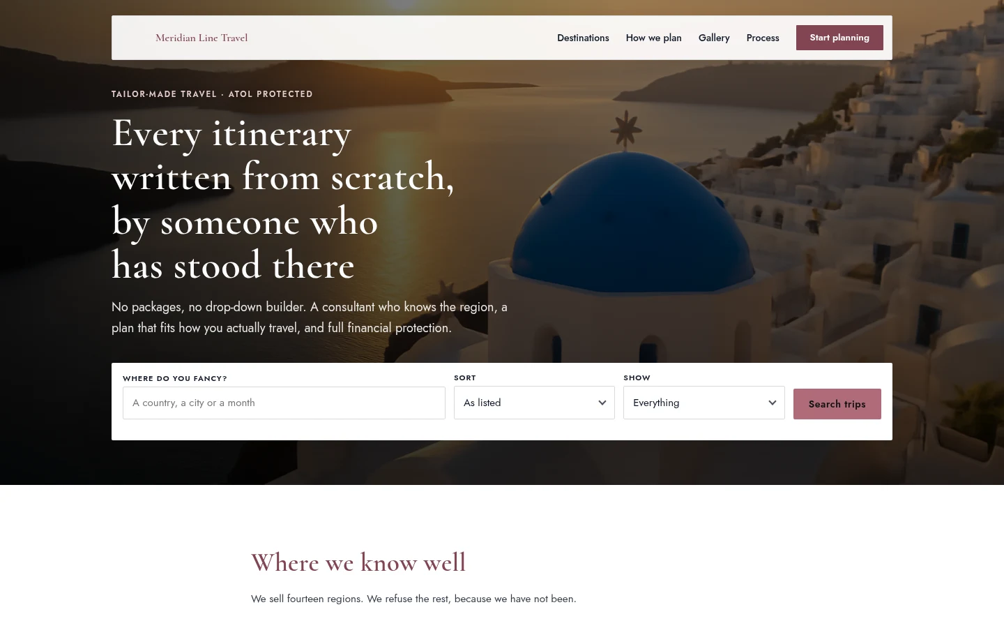 The Meridian Line Travel website, as a visitor sees it