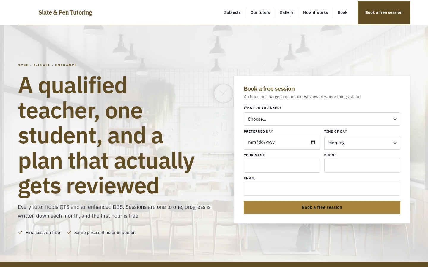 The Slate & Pen Tutoring website, as a visitor sees it
