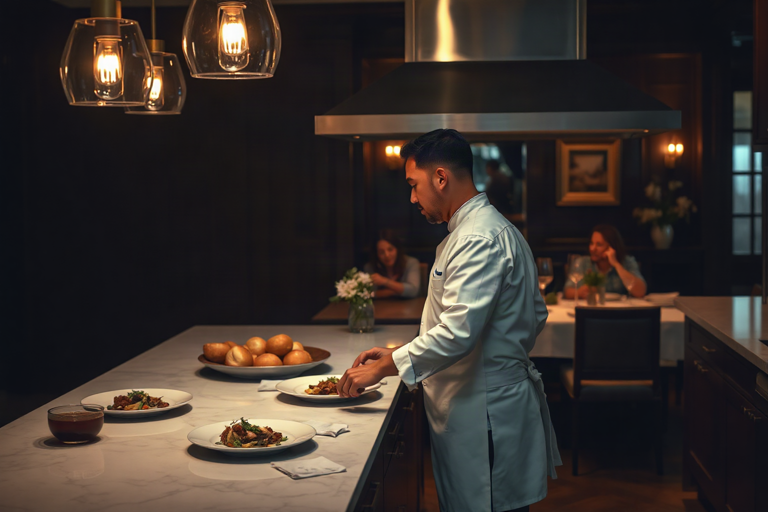 Private chef in a white coat plating dishes on a marble counter with two guests dining behind him